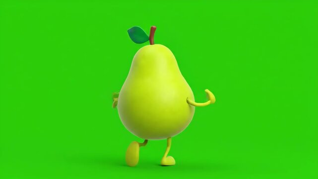 Dancing Cartoon Pear Mascot on Green Screen - A cheerful 3D animated pear mascot dances with its arms outstretched against a bright green chroma key background.