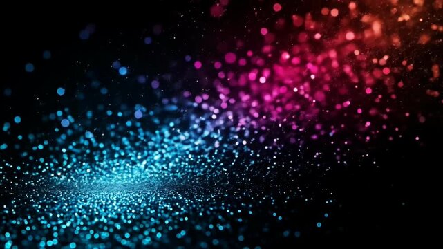 Vibrant Blue and Red Glitter Particles Shimmering with Bokeh Lights on a Dark Background.