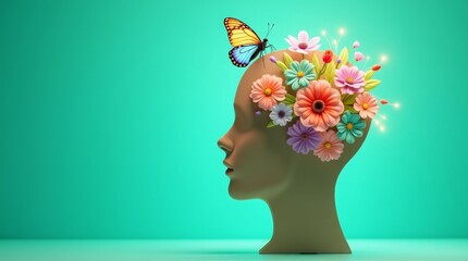 Human head profile with colorful flowers and butterfly image
