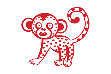 Cartoonish Red Monkey Vector, Detailed with Spots and Curly Tail on White Background