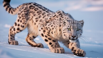Obraz premium Majestic Snow Leopard with Thick White Fur and Striking Black Spots in a Rocky Mountain Habitat