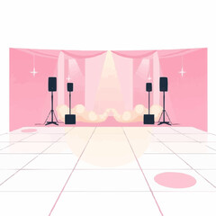 Stage setup with pink backdrop, sound speakers, and lighting  