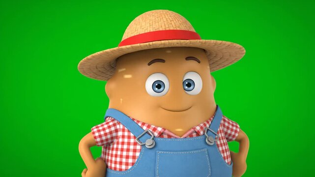 Cartoon Potato Farmer Mascot on Green Screen - A friendly cartoon potato character, dressed as a farmer in overalls and a straw hat, smiles against a green screen background.