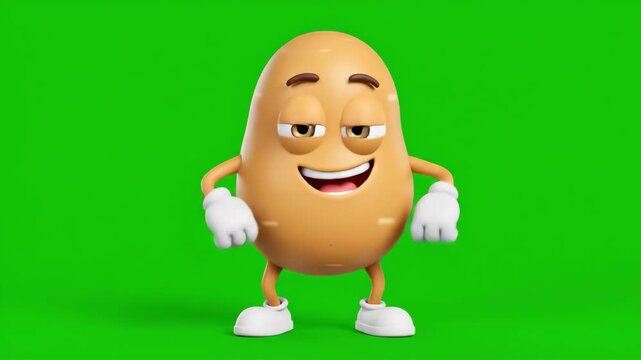 Happy Cartoon Potato Robot Dance - A cheerful cartoon potato with a silly grin performs robot dance moves against a green screen background.
