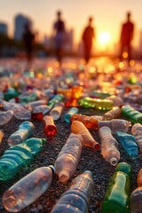 Plastic bottles scattered on beach at sunset with blurred volunteers in background, cinematic environmental awareness and sustainability scene