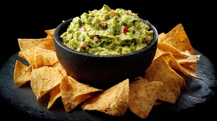 Delicious guacamole recipe with tortilla chips served in a bowl on a black background for a party 