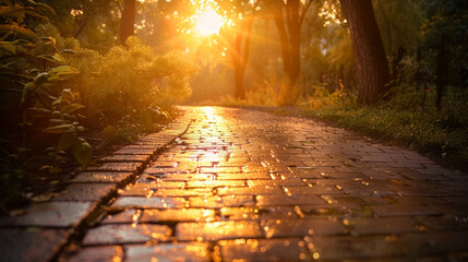 "Golden Hour Rain Shower: A Paved Pathway Glistening with Raindrops, Reflecting the Warm, Orange Glow of a Setting Sun Through Lush Green Trees, Creating a Magical and Serene Evening Scene"