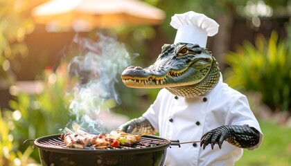 A whimsical alligator chef grilling meat outdoors, surrounded by lush greenery and sunlight