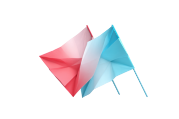 Two abstract flags, red and blue, in dynamic motion