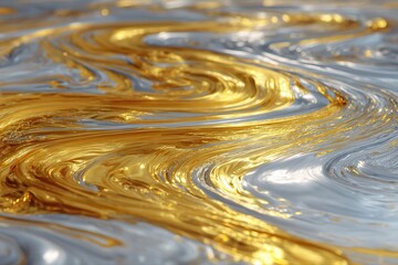 Abstract golden and silver liquid metallic surface forming reflective swirling ripples in endless cinematic flowing texture