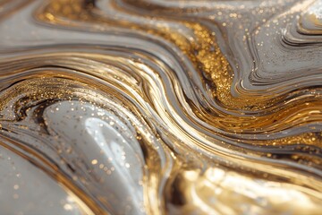 Abstract golden and silver liquid metallic surface with glittering reflective ripples forming cinematic endless flowing artistic design