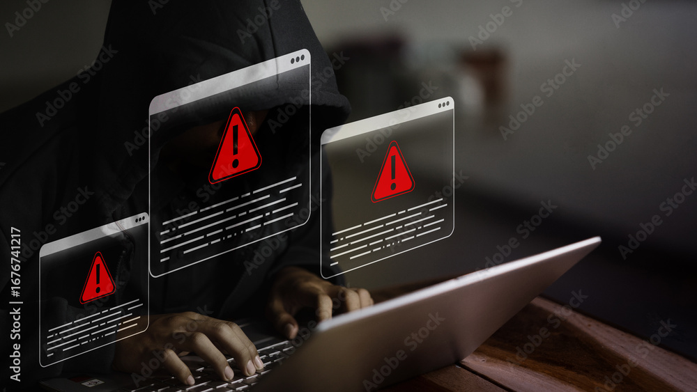 Poster cybersecurity threat hacker with red alert warning on laptop computer