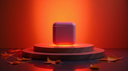 Pink earbud case illuminated on tiered display with autumn leaves orange background