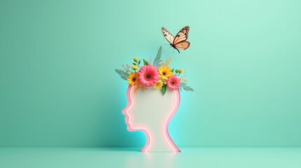 Pink neon head profile adorned with flowers and butterfly neon light pink flowers