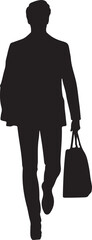 The image shows a black silhouette of a stout man in a suit walking away from the viewer, carrying a briefcase in his right hand.