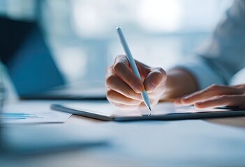 Close-up of hands using stylus on tablet, focused on drawing or design.  Blurred background suggests a workspace