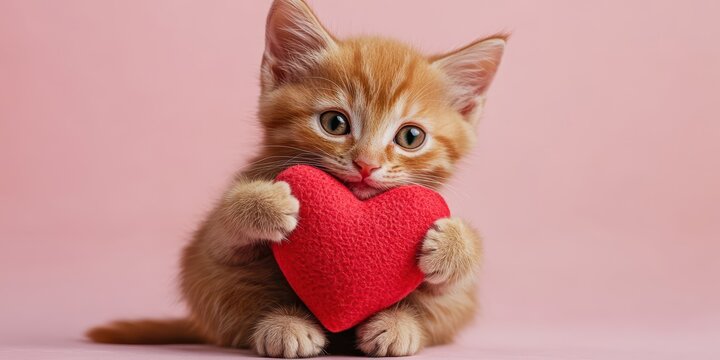 Cute ginger kitten lovingly hugging a red heart.