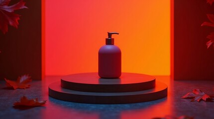 Reddish purple bottle on wooden display with autumn leaves pump dispenser