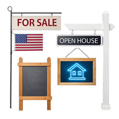 Real Estate Marketing Open House Signs For Sale Sign AFrame Signboard American Flag Neon Home Icon  Property Advertisement Graphics Isolated On Transparent Background