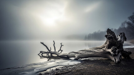 Dramatic driftwood on a serene misty lake shore with distant mountains under an overcast sky