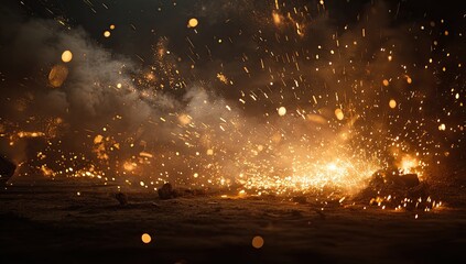 Explosive sparks, fiery debris, dark background