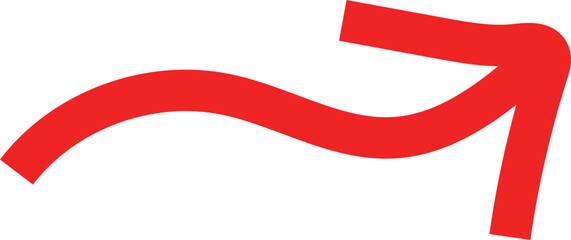 Hand drawn red wavy arrow icon, bold brush stroke doodle.