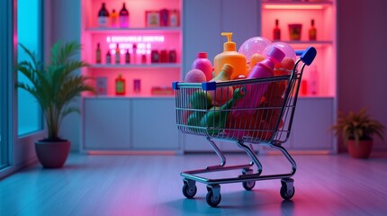 Shopping cart filled with colorful bottles and spheres pink orange
