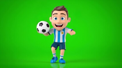 Cartoon Soccer Mascot Celebration - A cheerful cartoon soccer player mascot, wearing a light blue and white striped jersey, holds a soccer ball against a green screen background.