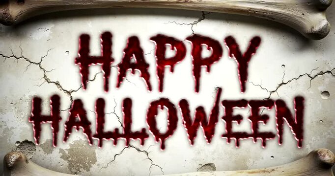 Happy Halloween greeting with dripping blood effect on a cracked wall background.