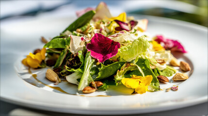 Close-up gourmet salad with mixed greens, edible flowers, roasted nuts, and vinaigrette drizzle highlighting freshness and culinary art