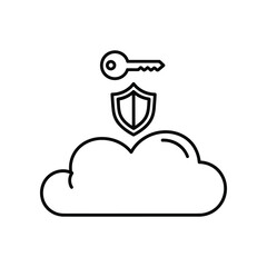 Secure Cloud Computing: A minimalist illustration showcasing a shield, key, and cloud, symbolizing data protection, secure access, and the digital cloud.