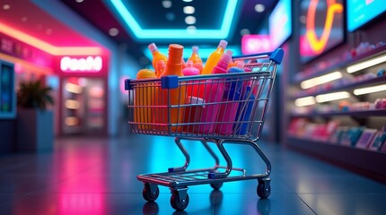 Shopping cart filled with colorful bottles in a neon lit store image