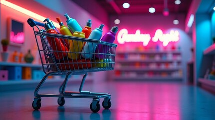 Shopping cart filled with colorful bottles in a neon lit store image