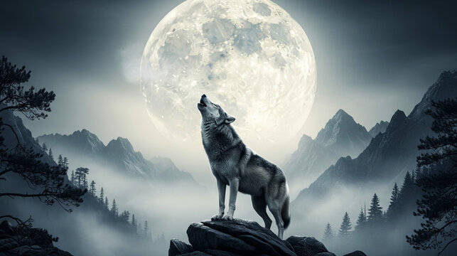 Lone Wolf Howling at a Luminous Full Moon in a Misty Mountain Forest at Night