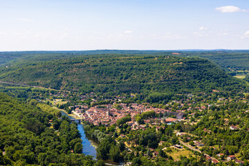 Medieval Town of Saint-Antonin-Noble-Val on the Aveyron River from the Cliffs of Roc d’Anglars in Summer