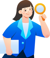 Smiling woman in blue blazer examines document with magnifying glass.