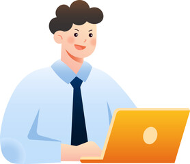 Happy young businessman working on his laptop, smiling confidently.