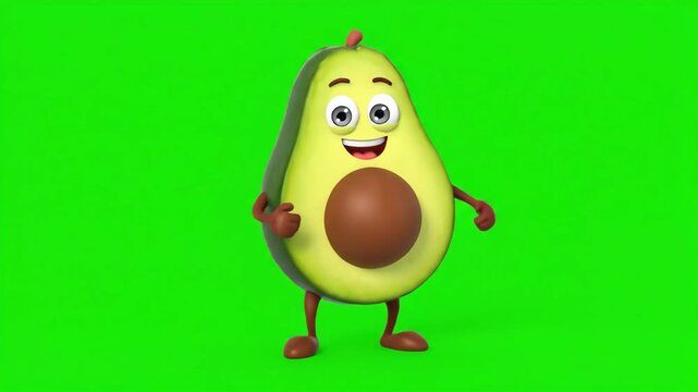 Happy Avocado Cartoon Dancing on Green Screen - A cheerful cartoon avocado with expressive features performs a hip dance against a bright green chroma key background.