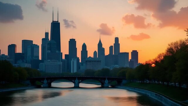 Chicago skyline at sunset with river view. A stunning view of the Chicago skyline at sunset, featuring tall skyscrapers reflecting golden light, the Chicago River.
