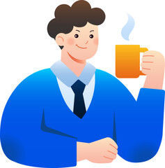 A smiling cartoon businessman in a blue sweater and tie holding a steaming yellow mug.