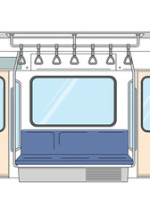 Interior view of modern urban passenger train carriage showing seating windows and overhead handles for commuters