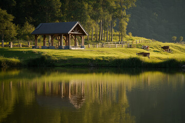 Obraz premium Wooden pavilion by a peaceful lakeside with cows grazing on a green meadow under warm sunlight in the countryside