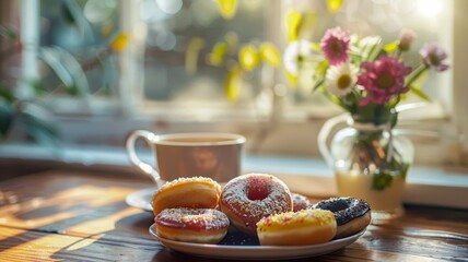 Plate of glazed donuts near coffee and fresh bouquet