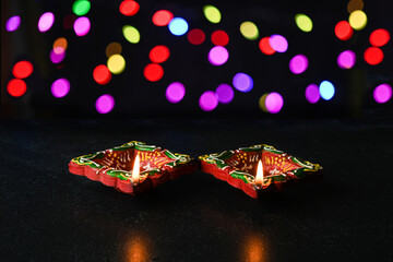 Diwali lights decoration with colorful lights and lamps.