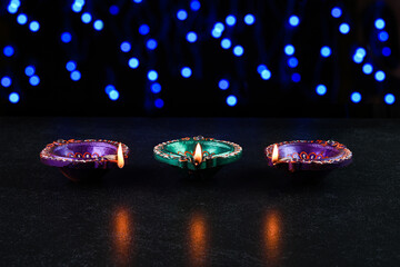 Diwali lights decoration with colorful lights and lamps.