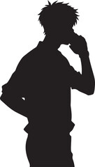 The image is a black silhouette of an anime-style male figure, possibly a young man, holding something to his mouth, perhaps a drink or a phone, viewed from the side.