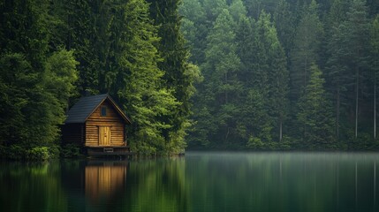 Obraz premium A serene wooden cabin nestled by a tranquil lake, surrounded by lush green forests, reflecting nature's beauty in calm waters.