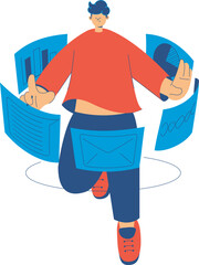 A young man actively manages data and communications on multiple floating virtual screens.