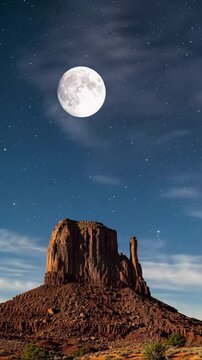 Rapid time-lapse video, low-angle, of a colossal sandstone mesa against a vertical frame, capturing the sun's fiery descent into twilight, emerging stars, and a rising full moon. Deep focus on rugged