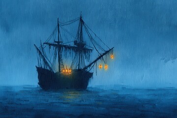 Fototapeta premium A haunting watercolor painting of a ghost ship drifting in stormy waters of the ocean.